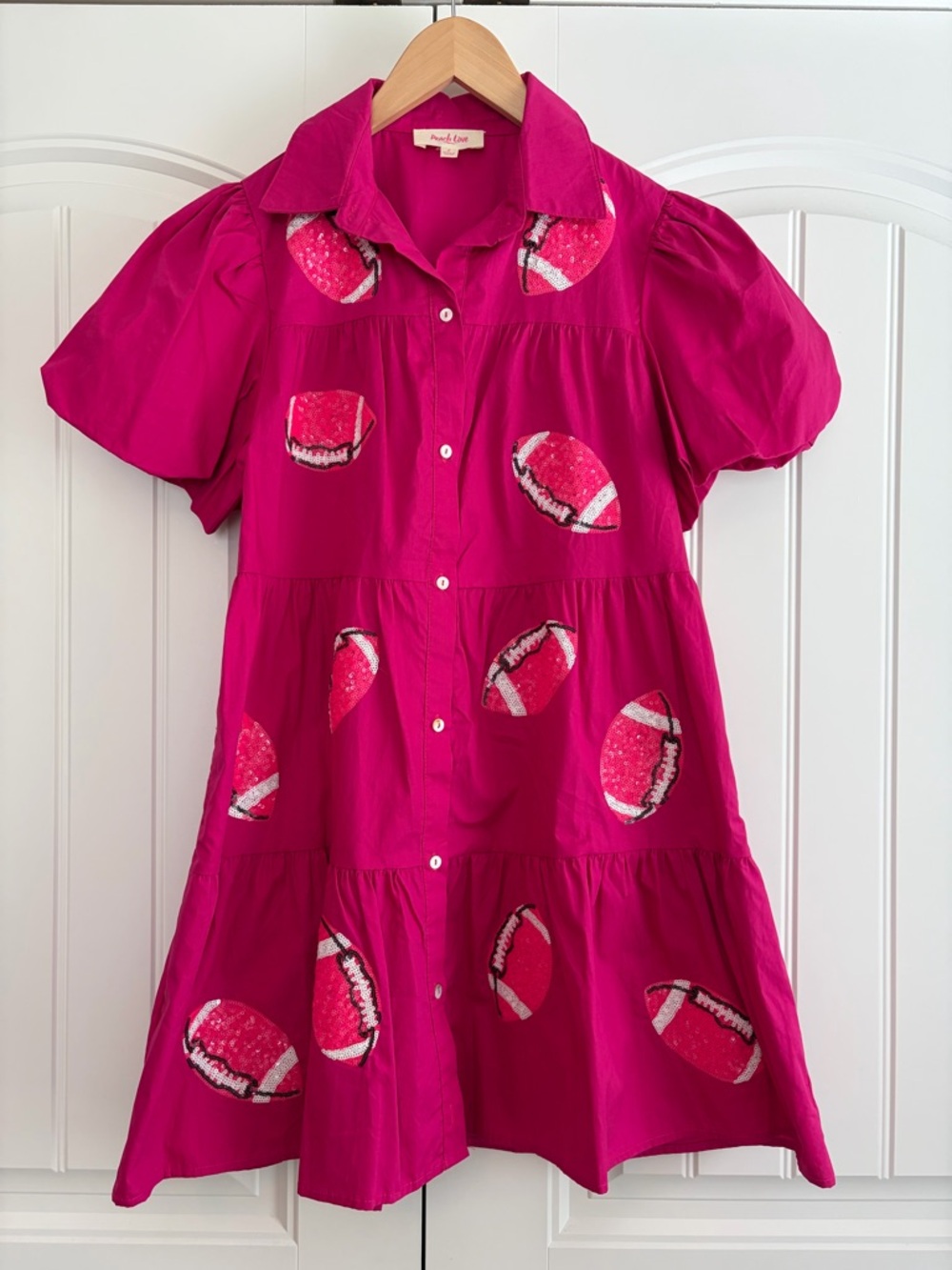 Peach Love California Pink Sequin Football Tiered Babydoll Gameday Dress Sz S